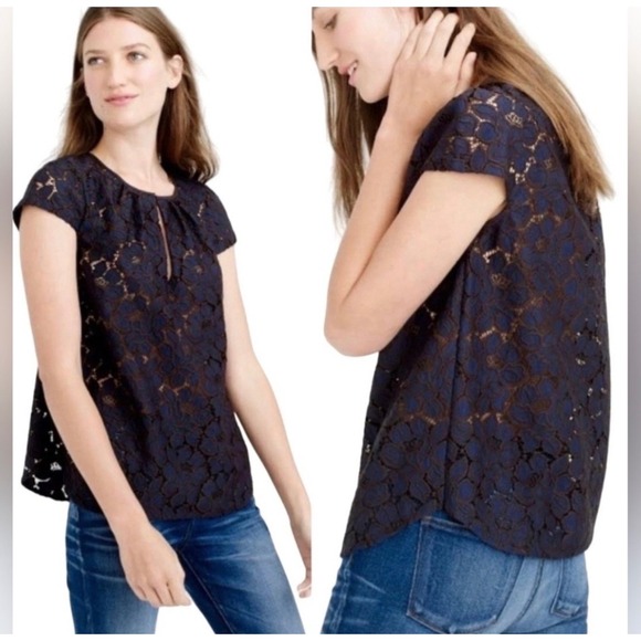 J. Crew Tops - J.Crew Navy Blue Lace Top | Size 10 | Elegant Floral Lace Blouse